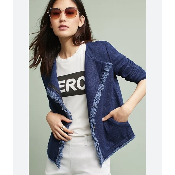 AG Adriano Goldschmied Denim Jacket Womens XS Blue Moto Style Zip Front w/Fringe - Picture 2 of 13